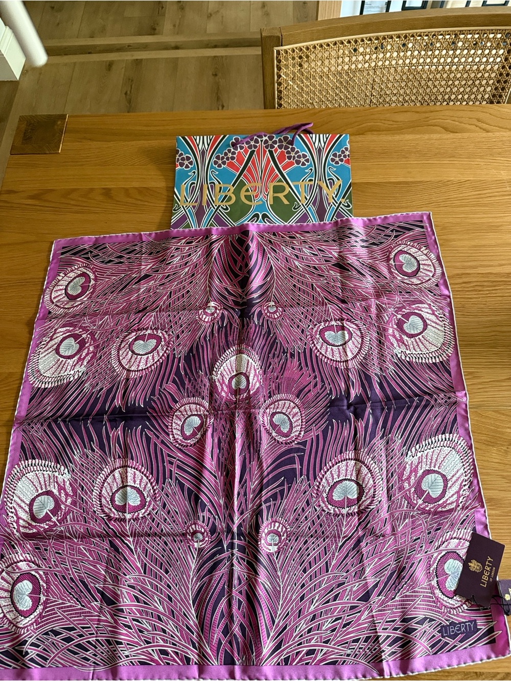 Liberty of London Pink and Purple Peacock Feather Silk Scarf
